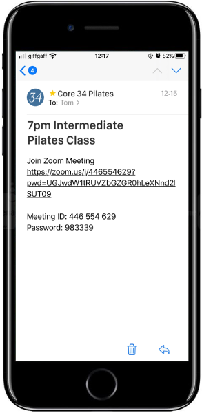 An iPhone showing an invite email to online classes